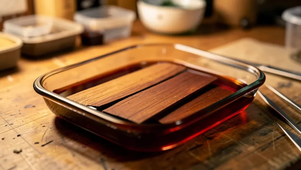 Thin sheets of wood veneer fully submerged in a glass tray of reddish-brown alcohol-based wood dye to color them through their full thickness