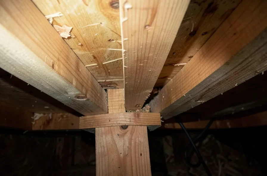 Underside of a subfloor and floor joists visible from a crawlspace, showing where gaps can open up