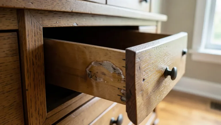 Swollen wooden drawer stuck in its frame from water damage, showing raised grain along the seam