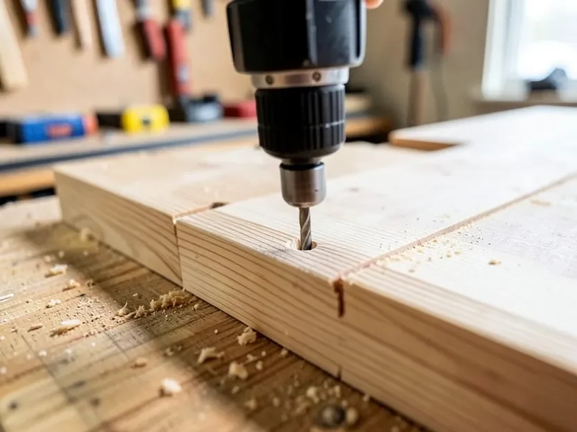 Drilling an angled pocket hole for a T-junction wood joint