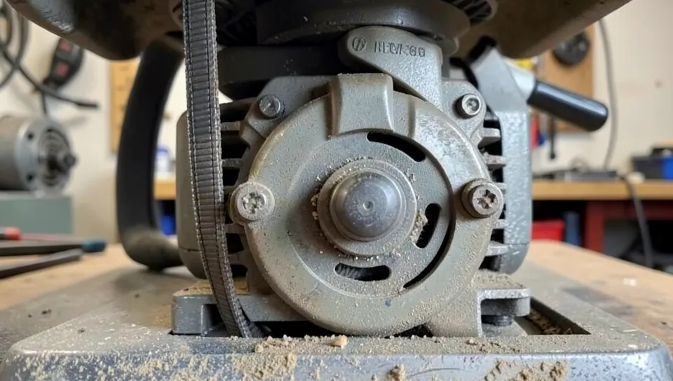 Close-up of a table saw motor with a V-belt and pulley drive system