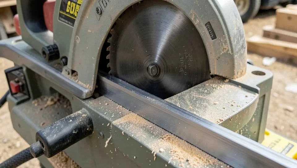 Table saw blade and rip fence close-up