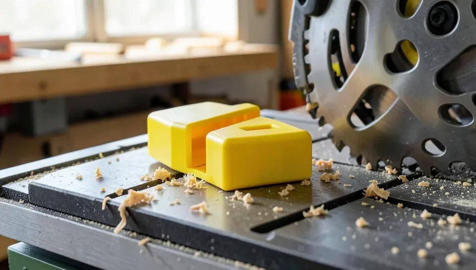 Yellow plastic push block safety tool sitting on a table saw next to the blade guard