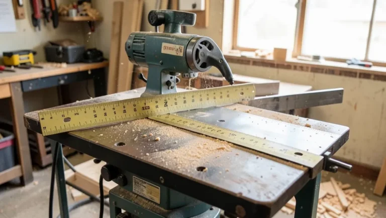 Table saw with T-square style rip fence and measuring scale