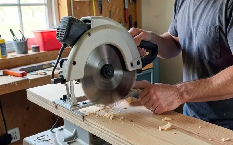 Restored radial arm saw making a test cut on scrap wood Restored radial arm saw making a test cut on scrap wood