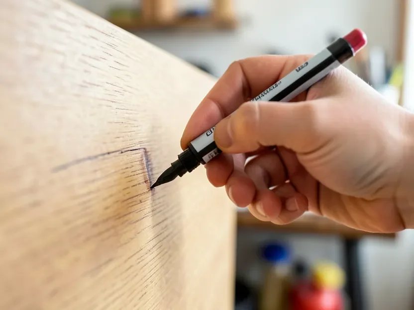 Hand using a color-matched wood touch-up marker to fill a scratch on veneer