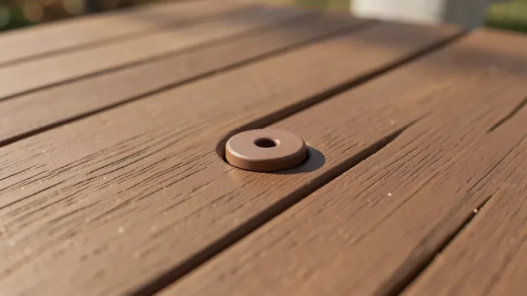 Color-matched composite plug covering a screw hole in a Trex composite deck board