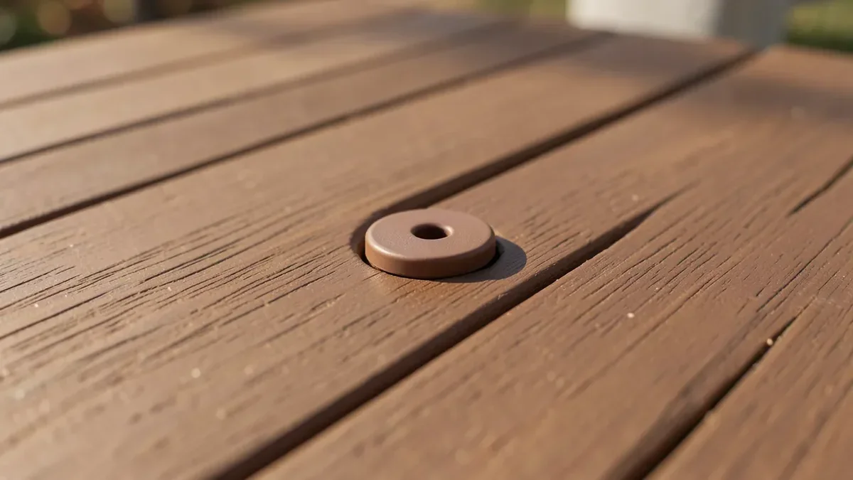 Color-matched composite plug covering a screw hole in a Trex composite deck board