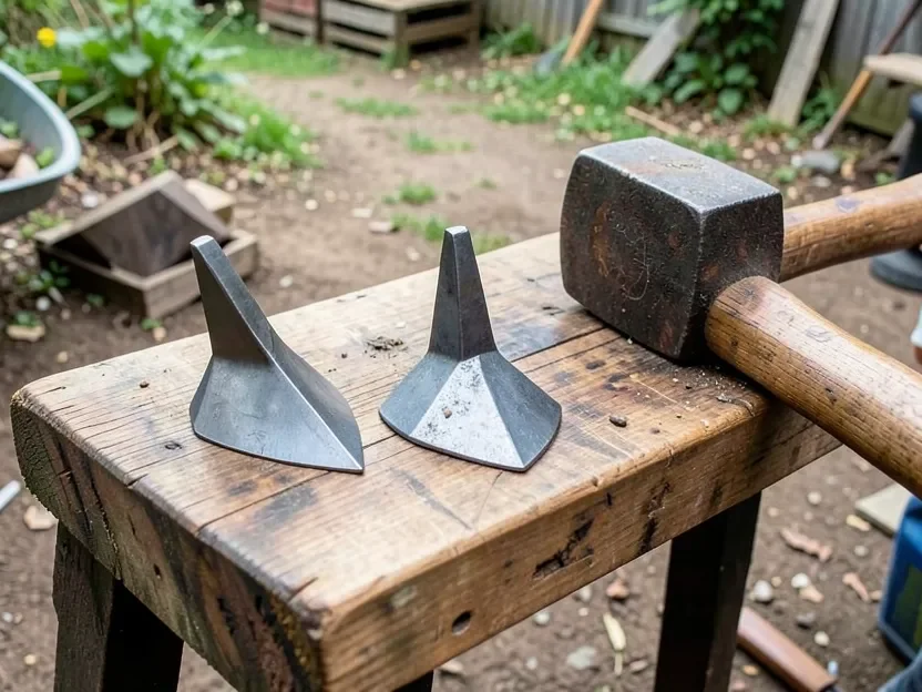 Two steel splitting wedges of different sizes on a wooden bench next to a sledgehammer