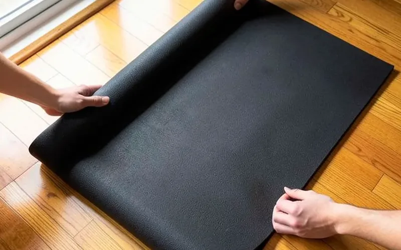hands unrolling a black rubber gym mat onto a hardwood floor hands unrolling a black rubber gym mat onto a hardwood floor