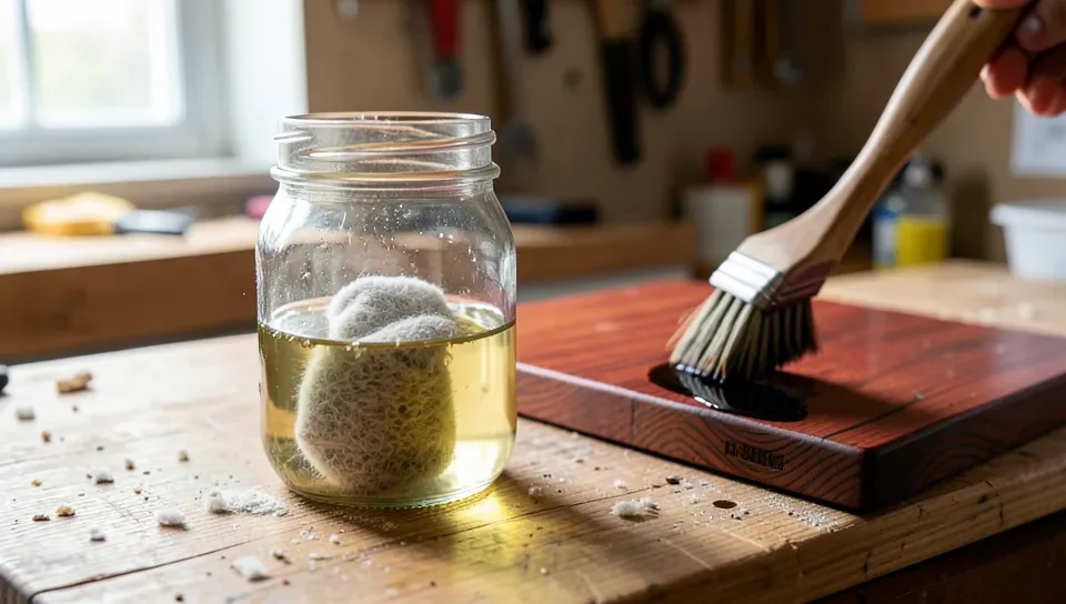 Steel wool soaking in vinegar to make an iron acetate wood aging solution, being brushed onto a redwood board