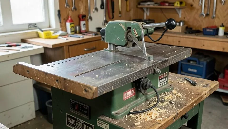 A well-maintained older benchtop table saw