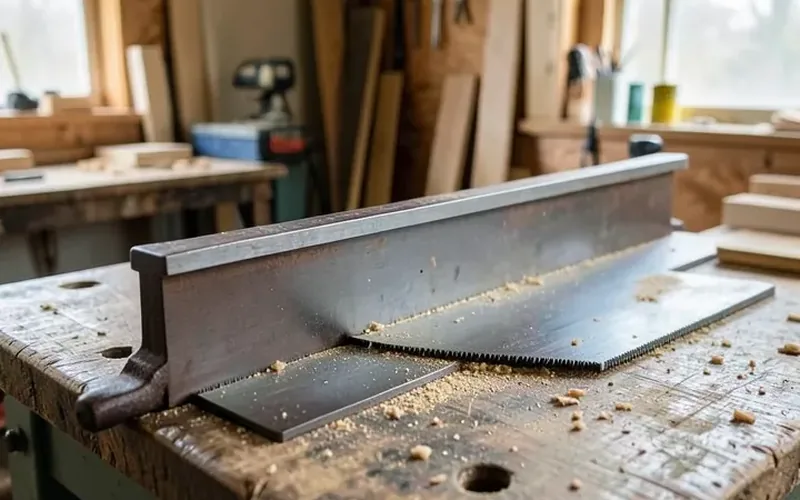 restored vintage hand saw resting on a scarred workbench with sawdust restored vintage hand saw resting on a scarred workbench with sawdust