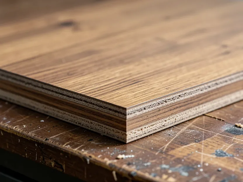 Cross-section of rigid-core vinyl plank flooring showing the layered construction