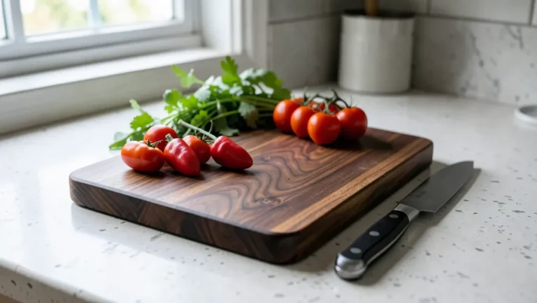 Dark chocolate-brown walnut wood cutting board with fresh vegetables and a chef knife on a kitchen counter