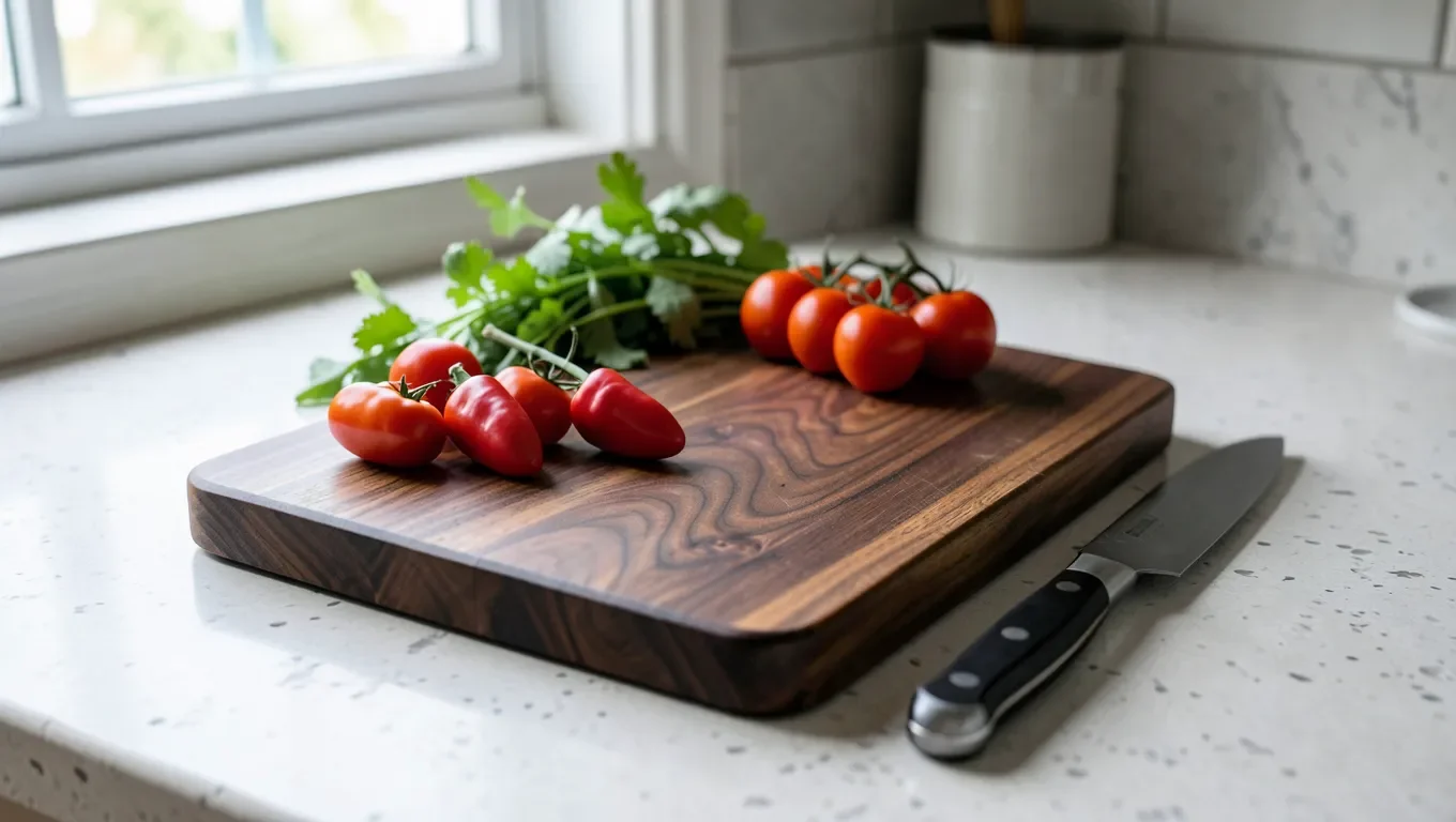 Dark chocolate-brown walnut wood cutting board with fresh vegetables and a chef knife on a kitchen counter