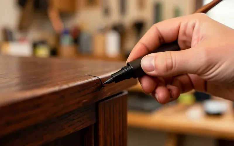hand applying a dark wood stain marker to a light scratch on a walnut cabinet edge