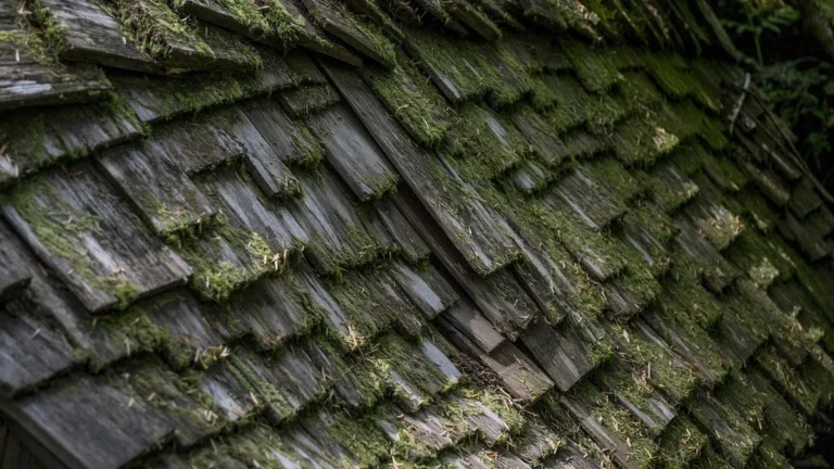 Weathered gray wood shingles with patches of moss on an old roof