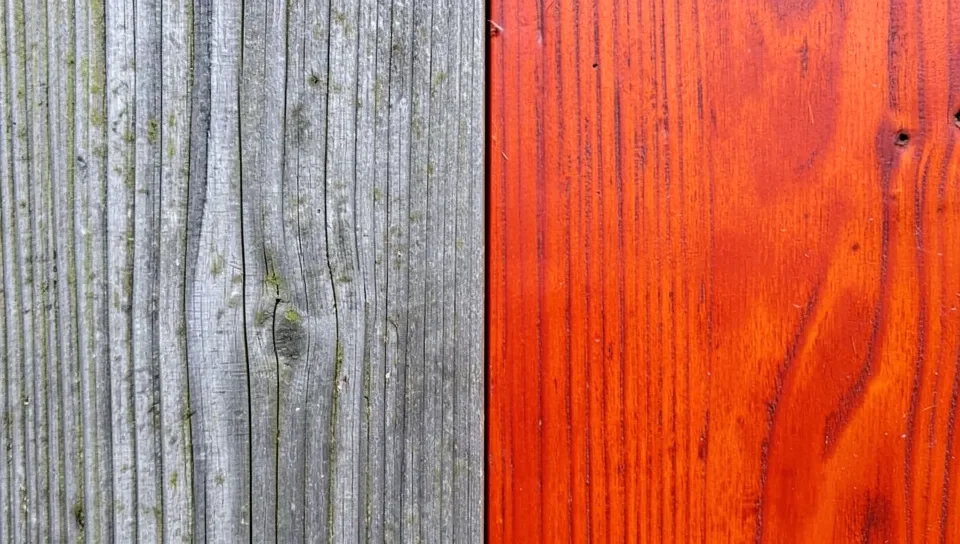 Weathered gray cedar next to freshly cut vivid cedar