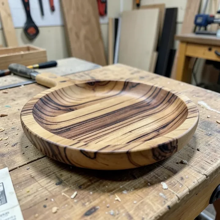 Finished palm wood piece showing characteristic dark fiber streaks in light tan wood