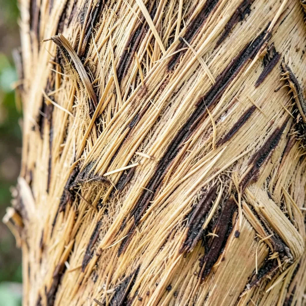 Cross-section of palm tree trunk showing fibrous grain with dark streaks