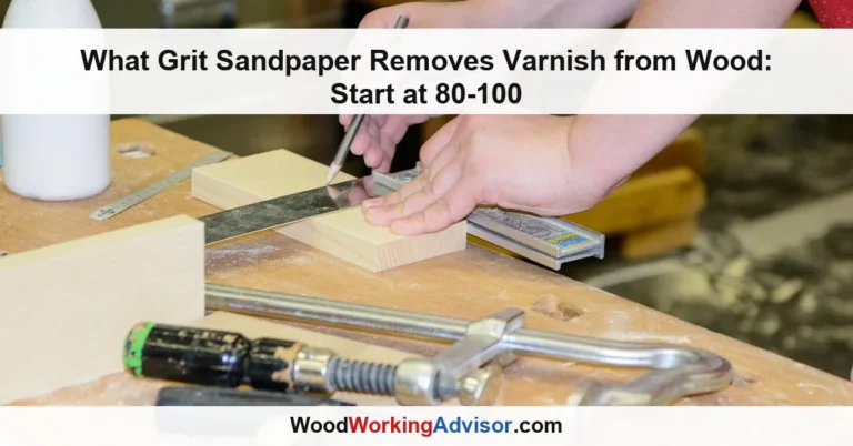 woodworker marking a board with a pencil and square on a sawdust-covered workbench, tools for a varnish-removal project