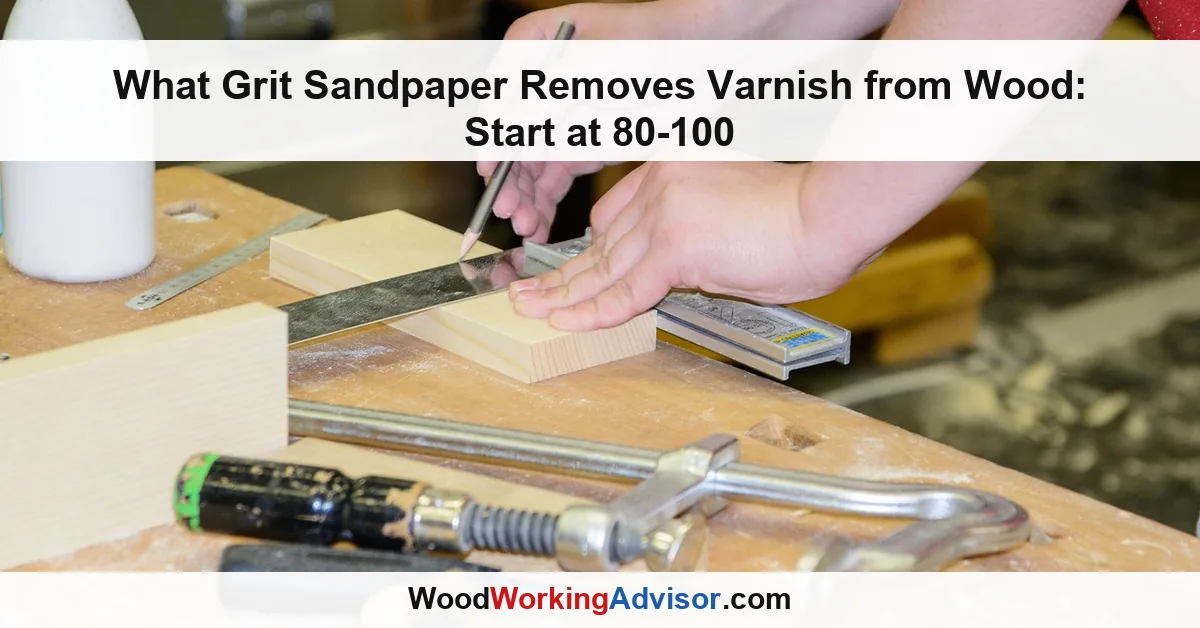 woodworker marking a board with a pencil and square on a sawdust-covered workbench, tools for a varnish-removal project