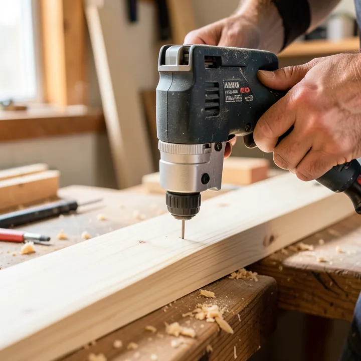 pneumatic finish nailer driving a nail into pine trim board