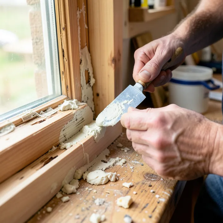Repairing a rotted window sill with two-part epoxy wood filler