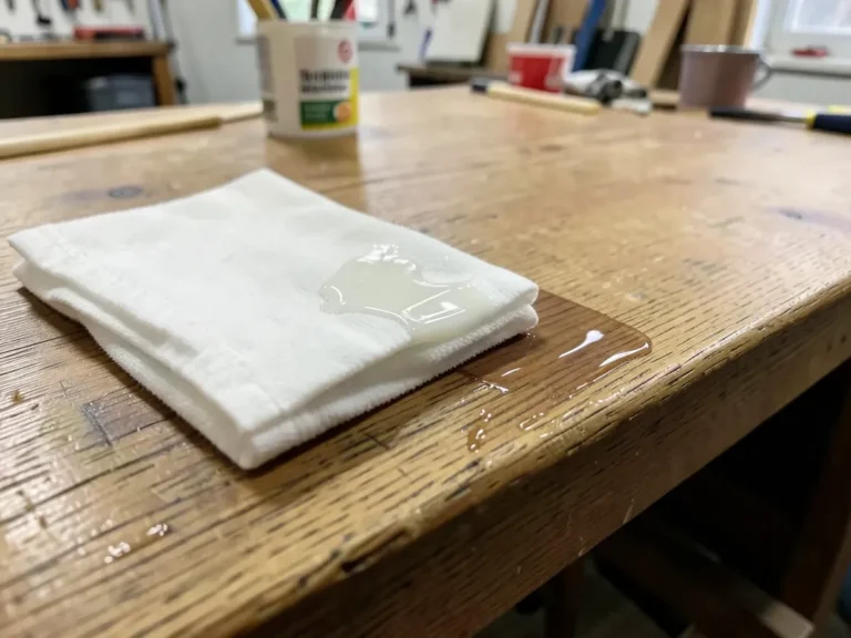 Folded cloth wiping polyurethane finish onto a wood tabletop