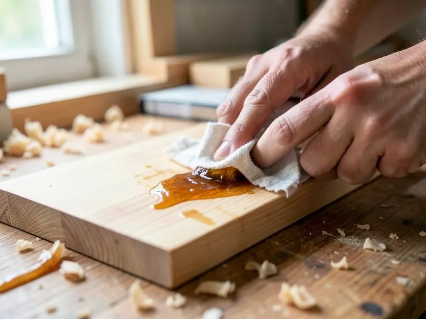 Hand wiping a sticky sap pocket on raw pine wood with a rag before sanding