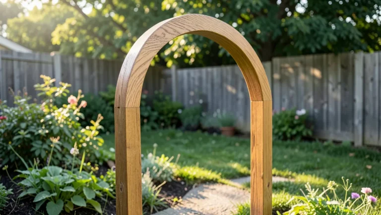 Handcrafted curved wooden arch installed as a garden entryway