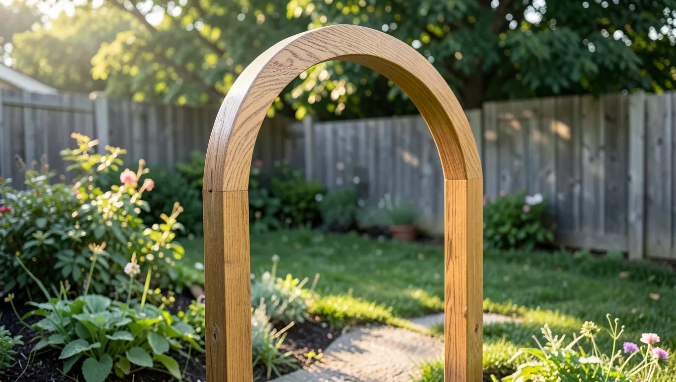 Handcrafted curved wooden arch installed as a garden entryway