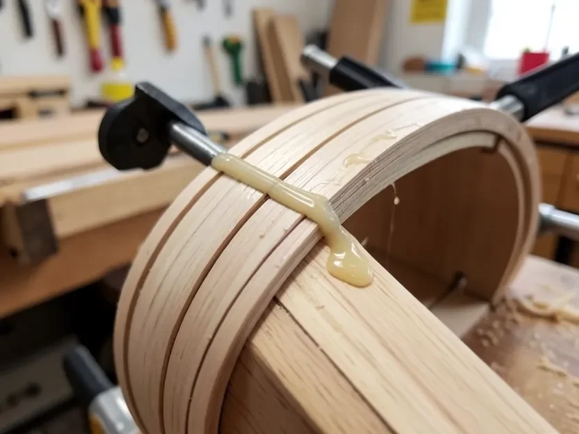 Thin wood strips glued and clamped around a curved bending form during arch lamination