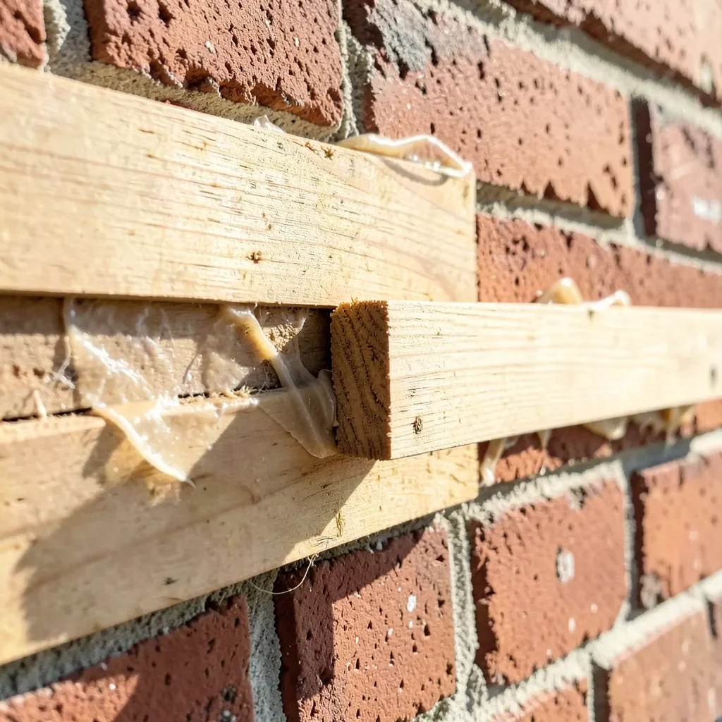 Wooden board clamped against a brick wall while adhesive cures