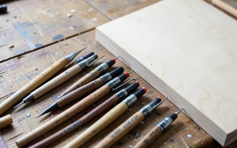 Wood burning pyrography pens with interchangeable wire tips on a workbench next to a basswood board Wood burning pyrography pens with interchangeable wire tips on a workbench next to a basswood board