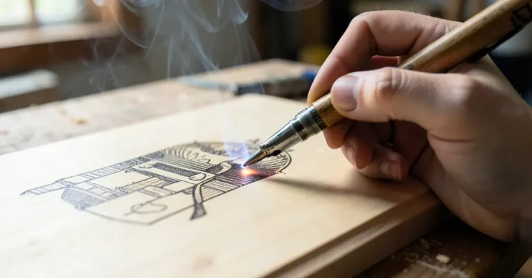 Hand using a wood burning pyrography pen to burn a design into a basswood board