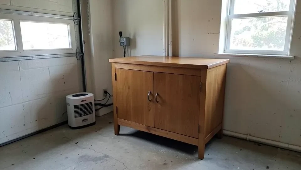 Wood cabinet with back panel removed drying in a ventilated garage next to a small dehumidifier