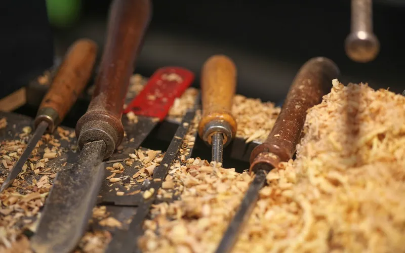 Wood carving gouges and chisels resting among fresh shavings