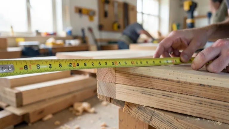 Measuring a stack of sawn lumber with a tape measure to calculate wood CFT