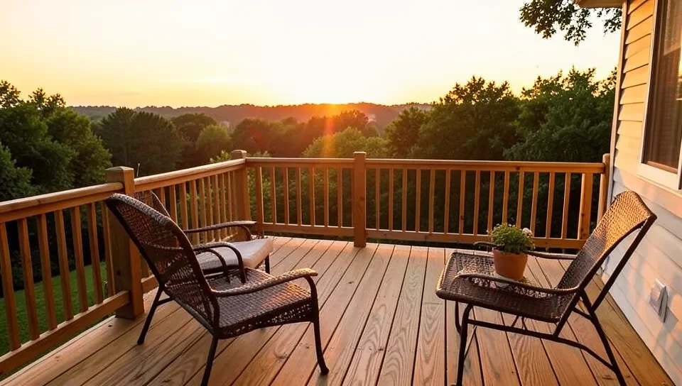 Wood deck at golden hour showing board pattern and railing as a scenic backdrop