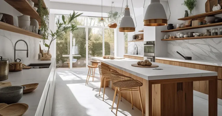 wood dining table in a bright kitchen with humidity-controlled indoor air