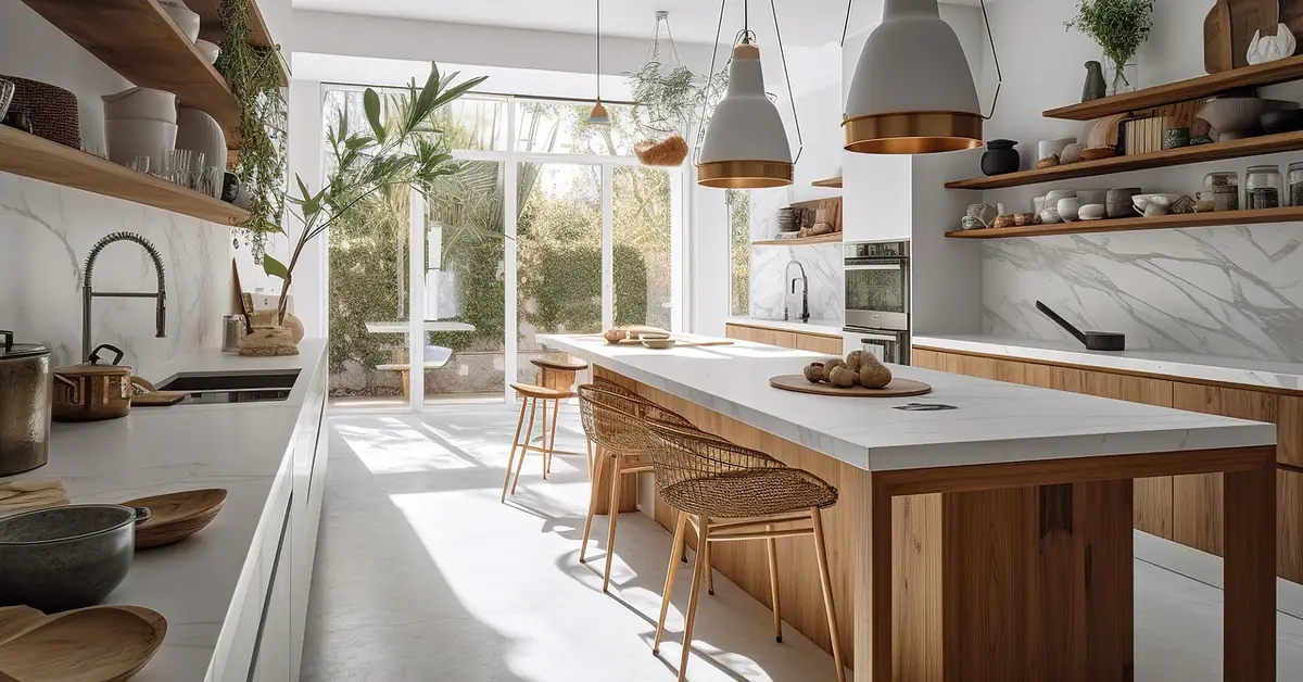 wood dining table in a bright kitchen with humidity-controlled indoor air