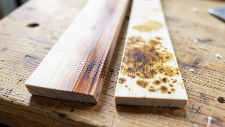 Side-by-side comparison of a wood strip with dye evenly penetrating the grain next to a wood strip with blotchy pigmented stain sitting on the surface