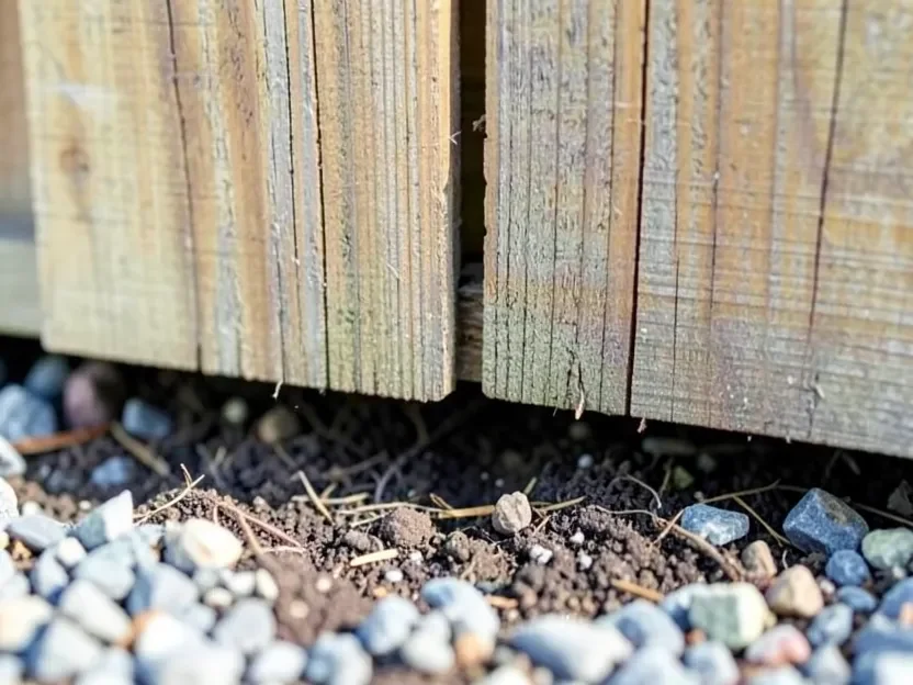 Close-up of the bottom edge of a wood fence board showing the clearance gap above gravel and soil