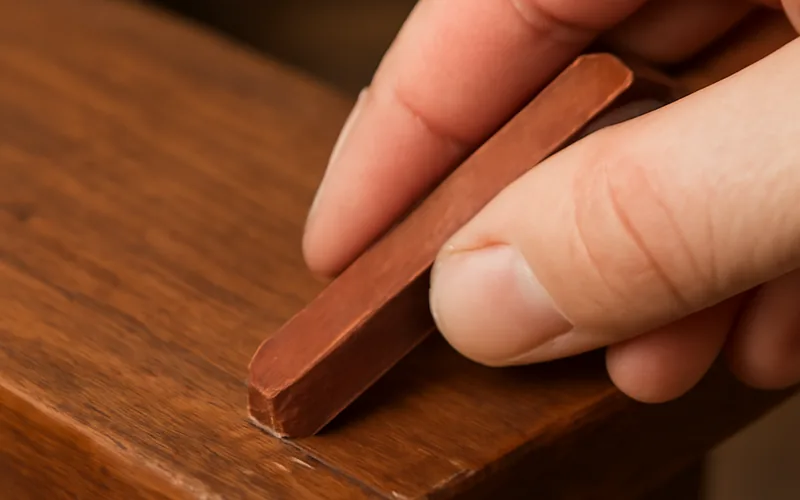 Hand pressing a wax filler stick into a deep scratch on a wooden furniture edge Hand pressing a wax filler stick into a deep scratch on a wooden furniture edge