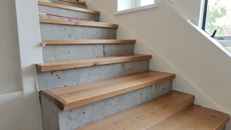 Wood flooring treads installed over concrete stairs during renovation