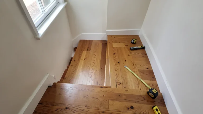 Freshly installed hardwood flooring planks on a stair landing