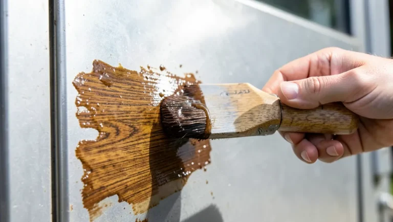 Using a rubber wood-graining tool to create a wood grain pattern in gel stain on a metal door