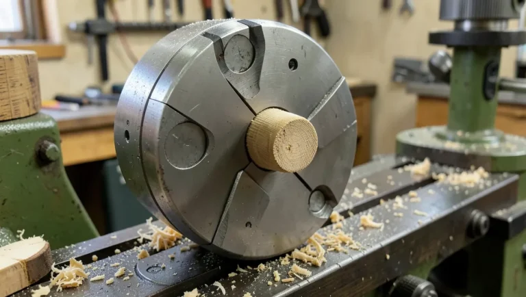 Four-jaw wood lathe chuck gripping a wooden blank on a wood lathe